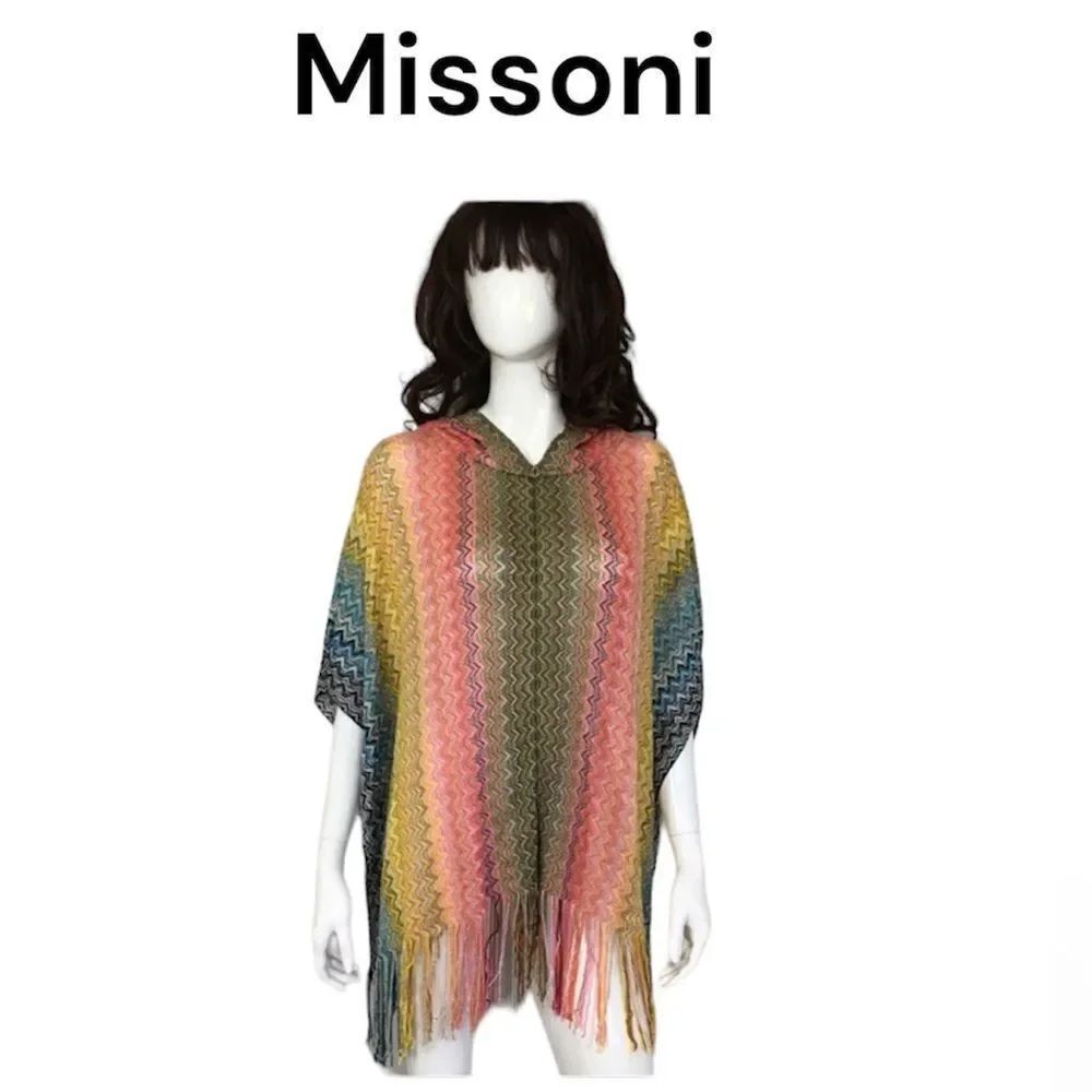 Missoni Zig Zag Kimono Sleeve Woven Knit Fringed Poncho Hoodie Multicolor OZ